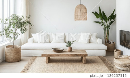 This inviting space showcases a minimalist living room with a white sofa, soft pillows, and a wooden coffee table. Natural plants add a fresh touch, while a woven rug enhances the cozy atmosphere. This inviting space showcases a minimalist living room with a white sofa, soft pillows, and a wooden coffee table. Natural plants add a fresh touch, while a woven rug enhances the cozy atmosphere. 126237513