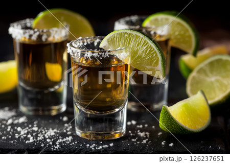 Tequila shots with lime slices and salt 126237651