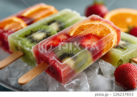 Assorted frozen fruit popsicles with fresh slices and fros 126237653