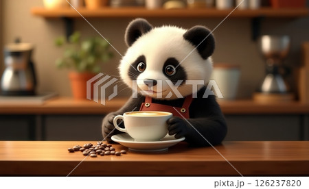Panda enjoys warm beverages at a cozy cafe during afternoon hours surrounded by customers and a warm atmosphere 126237820