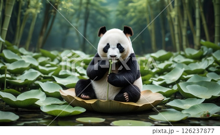 Panda sits on a lily pad and enjoys bamboo in a serene forest setting surrounded by lush greenery 126237877