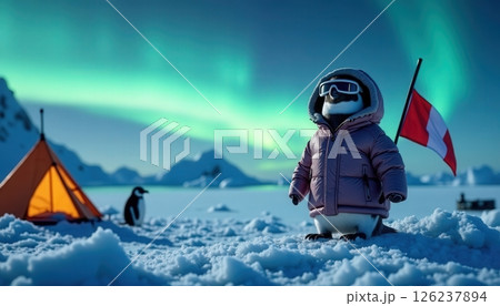 Colorful aurora illuminates a penguin in a cozy orange jacket near a campsite in a winter Arctic landscape 126237894