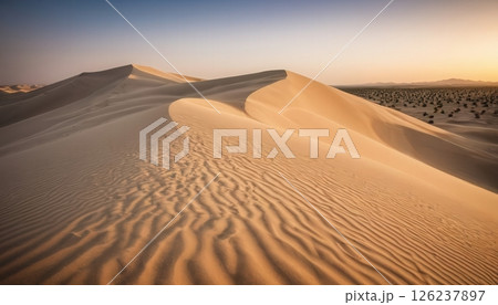 View of rolling sand dunes at sunset in a vast desert landscape with gentle waves and shadows contrasting the golden hues of the sand View of rolling sand dunes at sunset in a vast desert landscape with gentle waves and shadows contrasting the golden hues of the sand 126237897