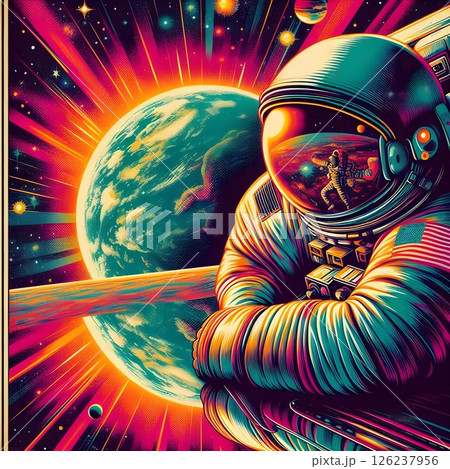 An astronaut floating in space in a charming retro style from the 1970s. 126237956