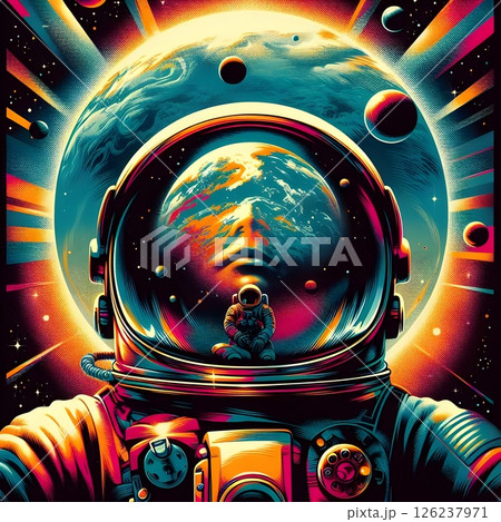 An astronaut floating in space in a charming retro style from the 1970s. 126237971