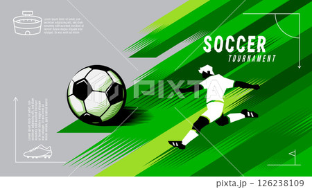 Dynamic vector illustration of a soccer player kicking a ball during a tournament. 126238109