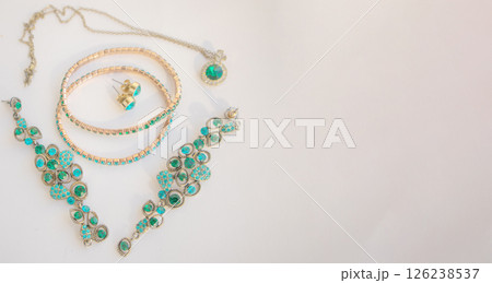 Set of beautiful green stone jewelry, banner, copy space at right 126238537