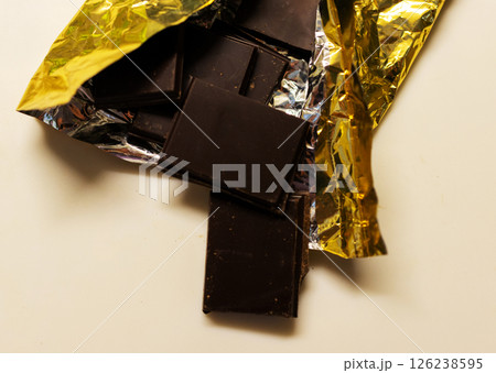 Tantalizing closeup of dark chocolate for advertising.Top view.Copy space 126238595