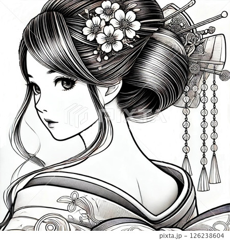 こちらを振り返った着物姿の女性2　舞妓イラスト　白背景　モノクロ 126238604