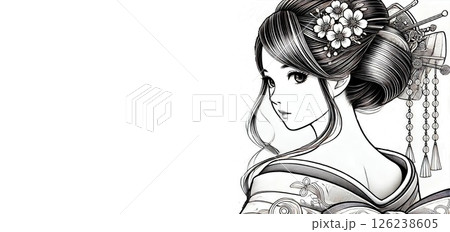 こちらを振り返った着物姿の女性3　舞妓イラスト　白背景　モノクロ　コピースペース 126238605