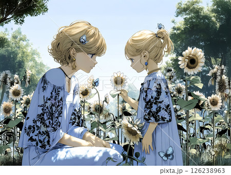 ヒマワリの花畑を散歩する女の子とママのイラスト素材 126238963