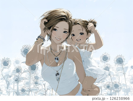 ヒマワリの花畑を散歩する女の子とママのイラスト素材 126238966