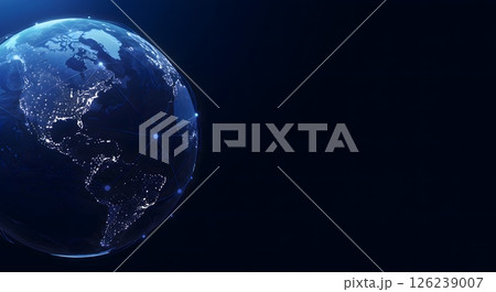 Earth from space with glowing city lights and digital network nodes across North and South America 126239007