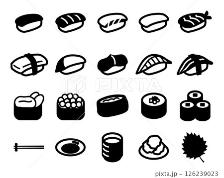寿司とお茶などのアイコンのセット_黒ベタ 126239023