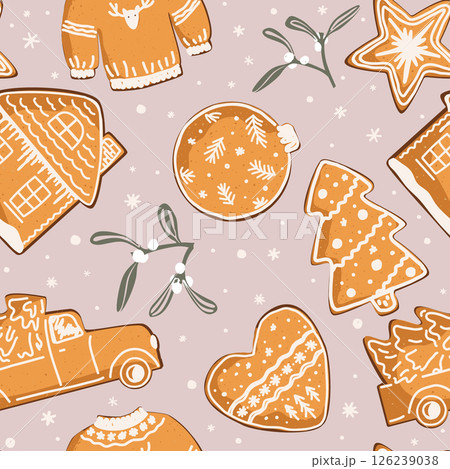 Christmas red seamless vector pattern with Gingerbread cookies and mistletoe. Winter design for wrapping paper, fabric, holiday decorations Christmas red seamless vector pattern with Gingerbread cookies and mistletoe. Winter design for wrapping paper, fabric, holiday decorations 126239038