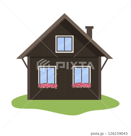 House illustration on isolated background. The wooden building is in Scandinavian style. Wooden house with white Windows and flowers. House illustration on isolated background. The wooden building is in Scandinavian style. Wooden house with white Windows and flowers. 126239043