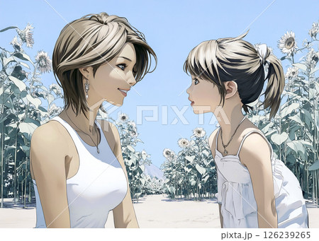 ヒマワリの花畑を散歩する女の子とママのイラスト素材 126239265