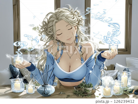 アロマで心を落ち着かせる女性のイラスト素材 126239412