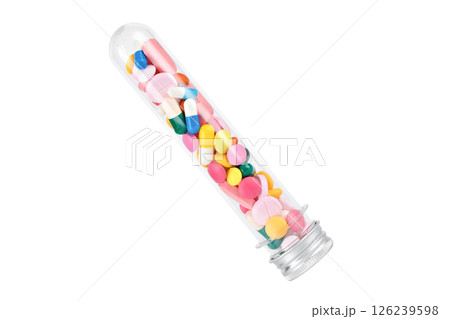 colored medical pills and capsule on gray background colored medical pills and capsule on gray background 126239598