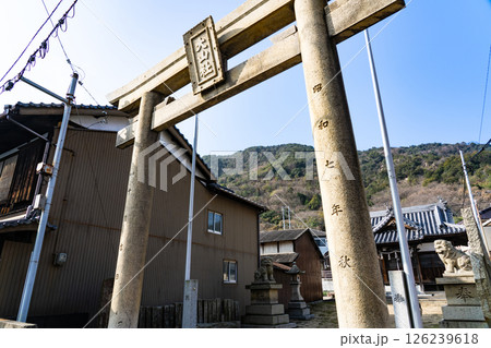 小阪集落にある大山神社と島の最高峰・小阪山の風景　香川県丸亀市本島町 126239618