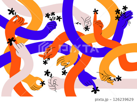 Colorful hands with flowers gestures in retro cartoon style. Different positions of hands and fingers: pointing, hold, ok, finger snap. Human palms and wrists illustration in funky, doodle trendy set. Colorful hands with flowers gestures in retro cartoon style. Different positions of hands and fingers: pointing, hold, ok, finger snap. Human palms and wrists illustration in funky, doodle trendy set. 126239629