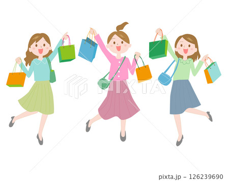 飛び跳ねる買い物帰りの三人の女性 飛び跳ねる買い物帰りの三人の女性 126239690