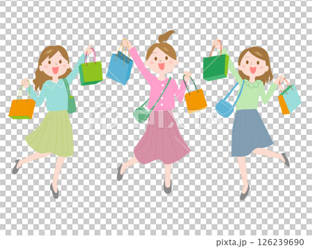飛び跳ねる買い物帰りの三人の女性 飛び跳ねる買い物帰りの三人の女性 126239690