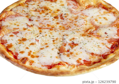 Pizza with bacon and cheese, herbs and cherry tomatoes. With mozzarella, shrimps 126239790