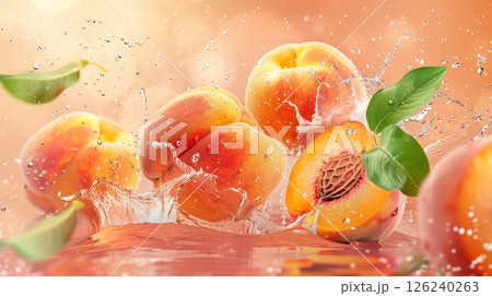 Peach flying in fresh water splash and green leaf, vibrant and dynamic showcase Peach flying in fresh water splash and green leaf, vibrant and dynamic showcase 126240263