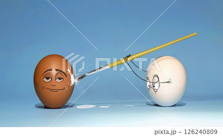 Two chicken eggs, white and brown, are preparing for Easter, and paint each other with a contented and enthusiastic look 126240809