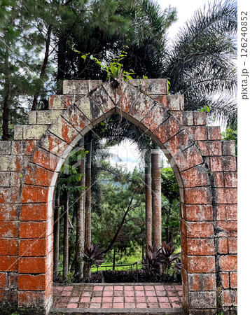 stone arch in the jungle with tropical trees and palms behind 126240852