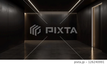Modern minimalism interior dark theme with light long lamps luxury architecture Modern minimalism interior dark theme with light long lamps luxury architecture 126240991