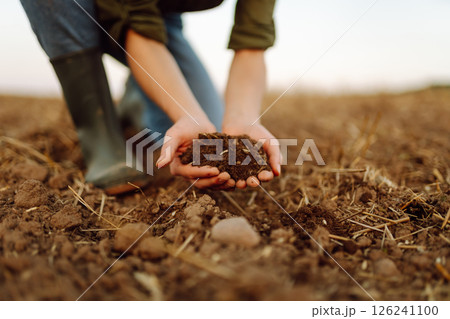 Close-up of a woman farmer's hands holding fresh soil. Agriculture, gardening concept. Close-up of a woman farmer's hands holding fresh soil. Agriculture, gardening concept. 126241100