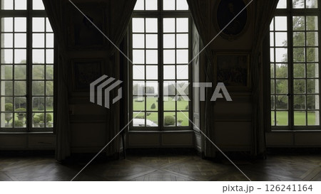 Curtains opening on tranquil green landscape in luxurious palace. Action 126241164