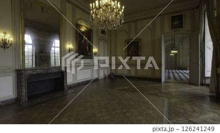 Empty ballroom interior in a french castle with paintings and chandelier. Action Empty ballroom interior in a french castle with paintings and chandelier. Action 126241249