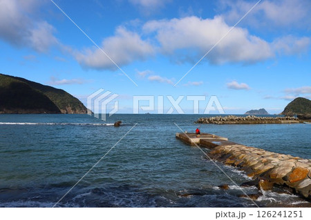 水平線に向かってまっすぐ伸びる突堤 126241251