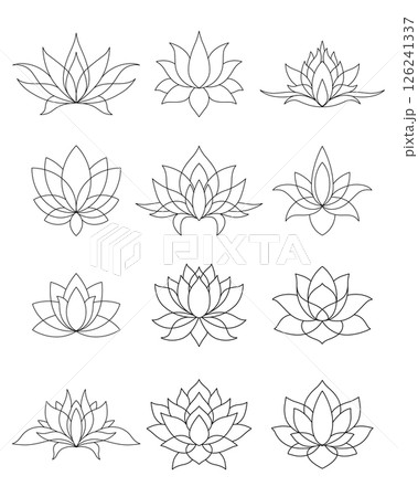 Set of lotus mehndi flower pattern for Henna drawing and tattoo. Decoration in oriental, Indian style. Doodle ornament collection. 126241337