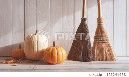 Halloween, with antique witches' brooms, pumpkins and autumn leaves. 126241438