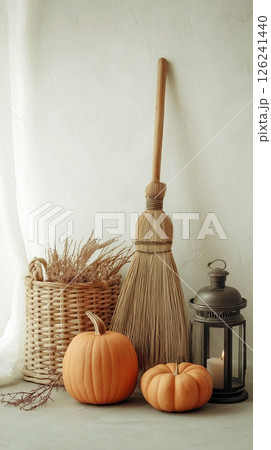 Halloween, with antique witches' brooms, pumpkins and autumn leaves. 126241440