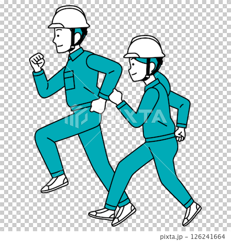 走る作業員の男女（横向き） 126241664