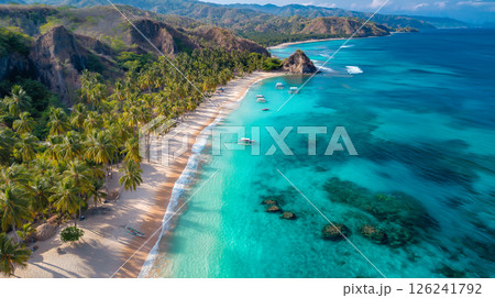 Aerial view of a breathtaking beach with crystal clear water near a mountainous coastline 126241792