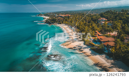 Breathtaking high angle view of a serene beach with crystal clear water and lush palm trees 126241793