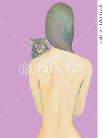 バックスタイルの女性と猫のイラスト 126241910