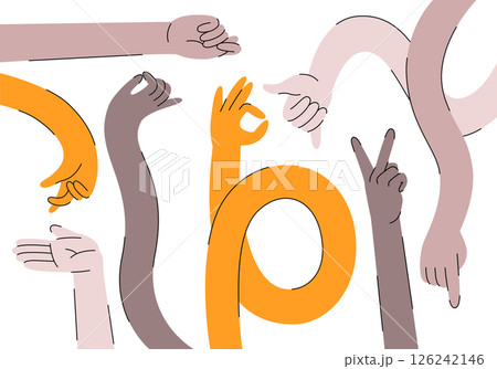 Colorful hands gestures in retro cartoon style. Different positions of hands and fingers: pointing, hold, ok, finger snap. Human arms, palms and wrists illustration in funky, doodle trendy sticker set 126242146
