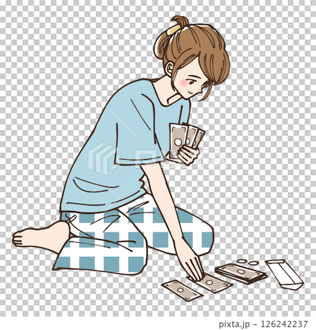 お金をどう使うか振り分けている女性 お金をどう使うか振り分けている女性 126242237