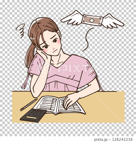 Illustration of a woman who is in trouble because she has run out of money 126242238