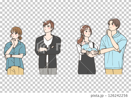 上を向いて考え事をしている人々のセット 126242256