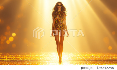 ゴールドランウェイを歩く女性モデル ゴールドランウェイを歩く女性モデル 126242290