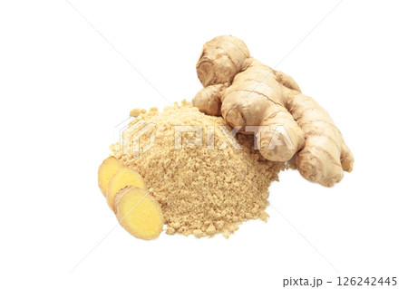 Ginger powder in bowl with fresh ginger root isolated on white background. Top view Ginger powder in bowl with fresh ginger root isolated on white background. Top view 126242445