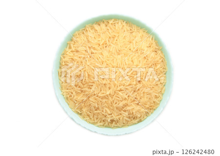 Rice grains on mint plate isolated on white background 126242480